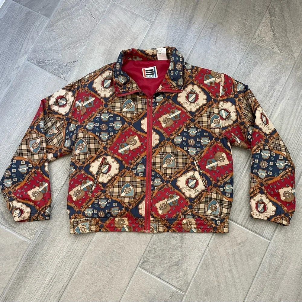 Womens 100% Silk Vintage Abstract Shield and Chains Jacket Windbreaker Medium
